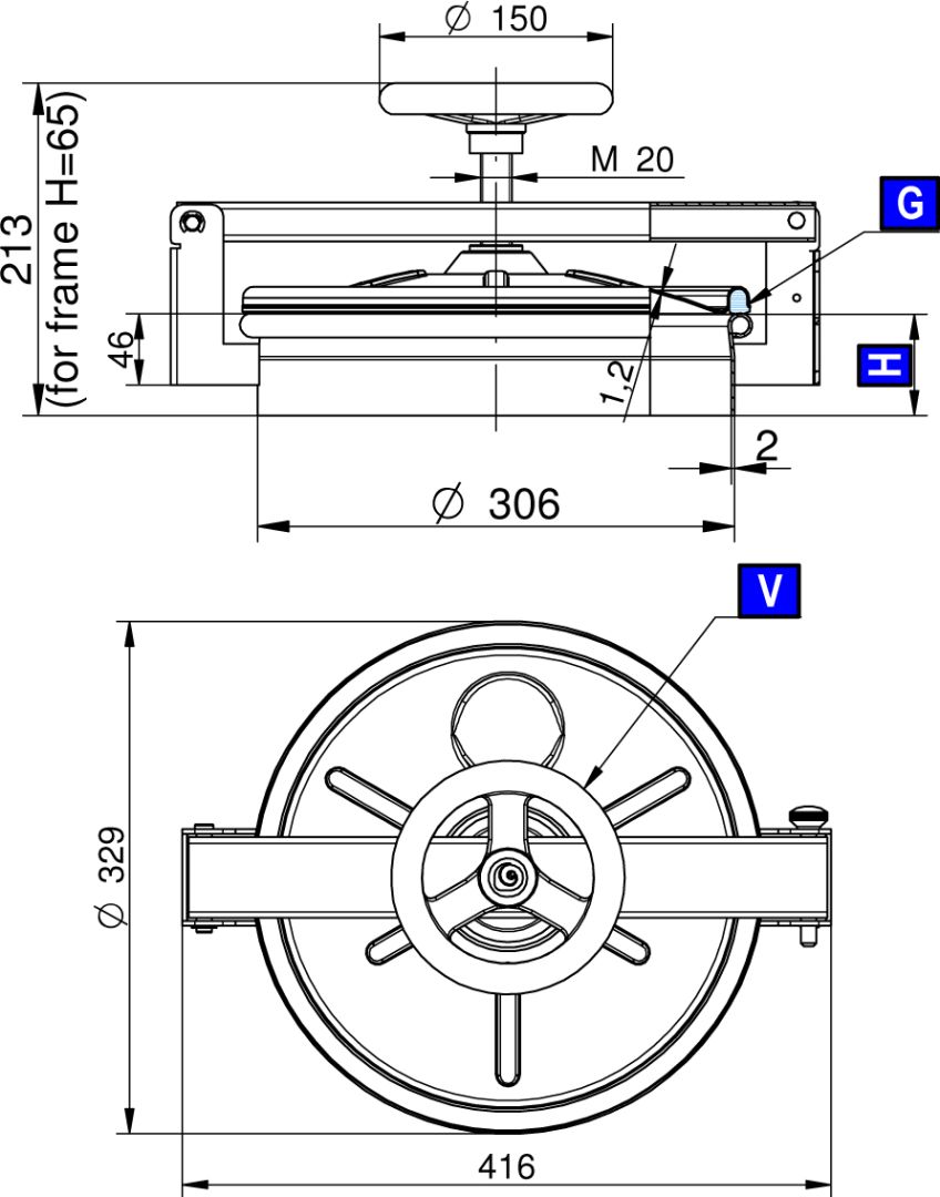 Búvónyílás alsó kerek 306 mm kifelé nyíló (210;211;212;213; 210/B;211/B;212/B;213/B) – 1. műszaki rajz