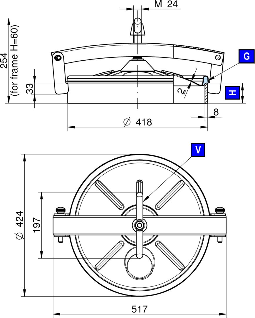 Búvónyílás alsó kerek 418 mm kifelé nyíló (220;222; 220/B;222/B) – 1. műszaki rajz