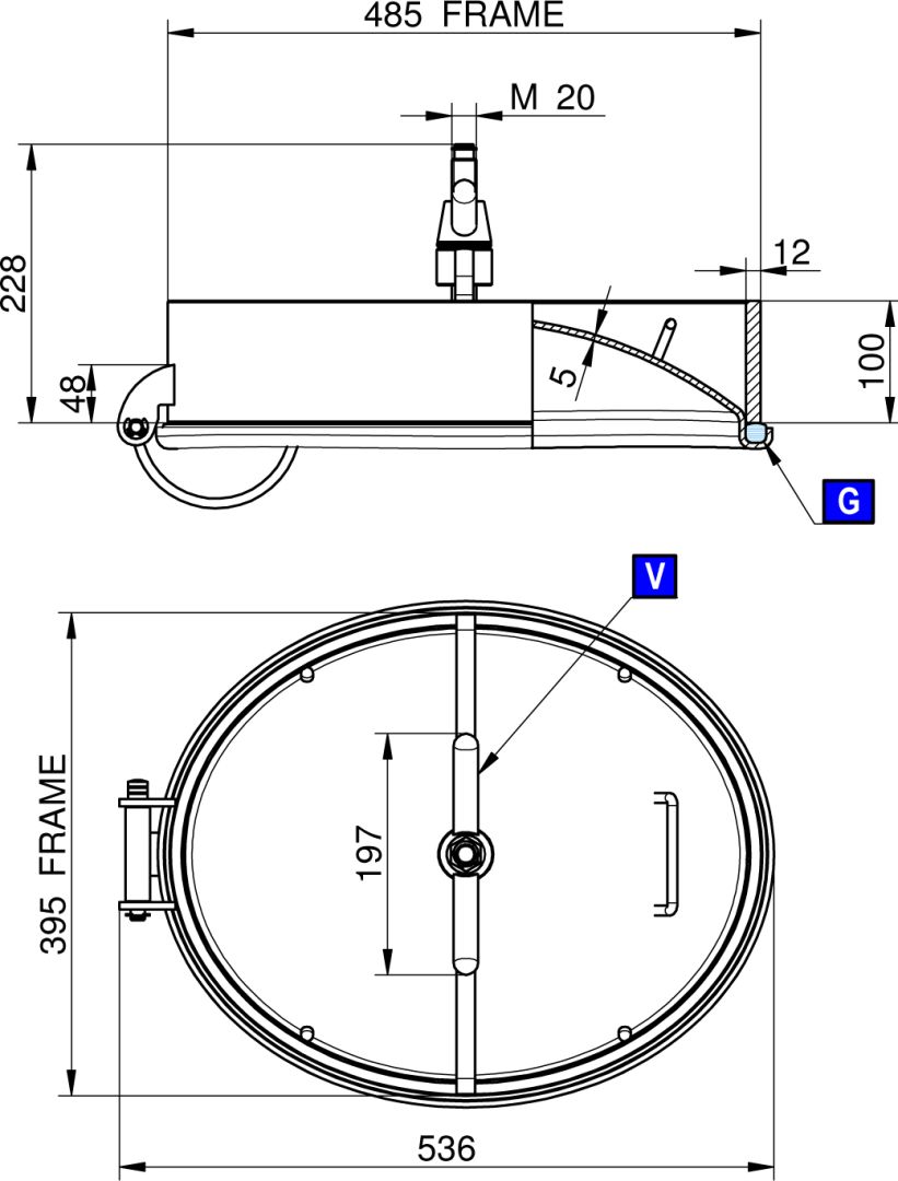 Búvónyílás alsó ovális 485x395 mm befelenyíló (200PES;200PES/B) – 1. műszaki rajz