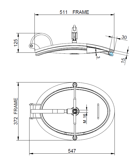 Búvónyílás alsó ovális 511x372 mm befelenyíló (200/RP;200/RP/B) – 1. műszaki rajz