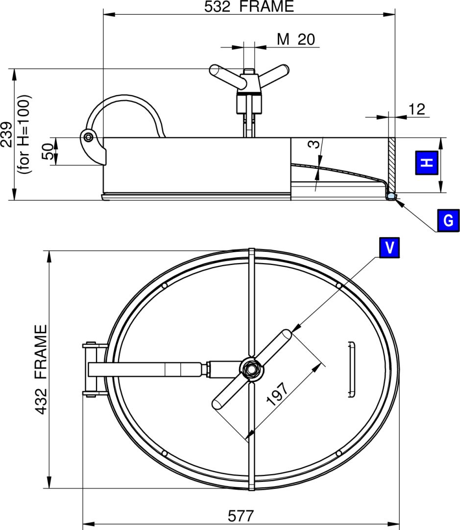 Búvónyílás alsó ovális 532x432 mm befelenyíló (200/LZD;201/LZD;200/LKD/B;201/LKD/B) – 1. műszaki rajz