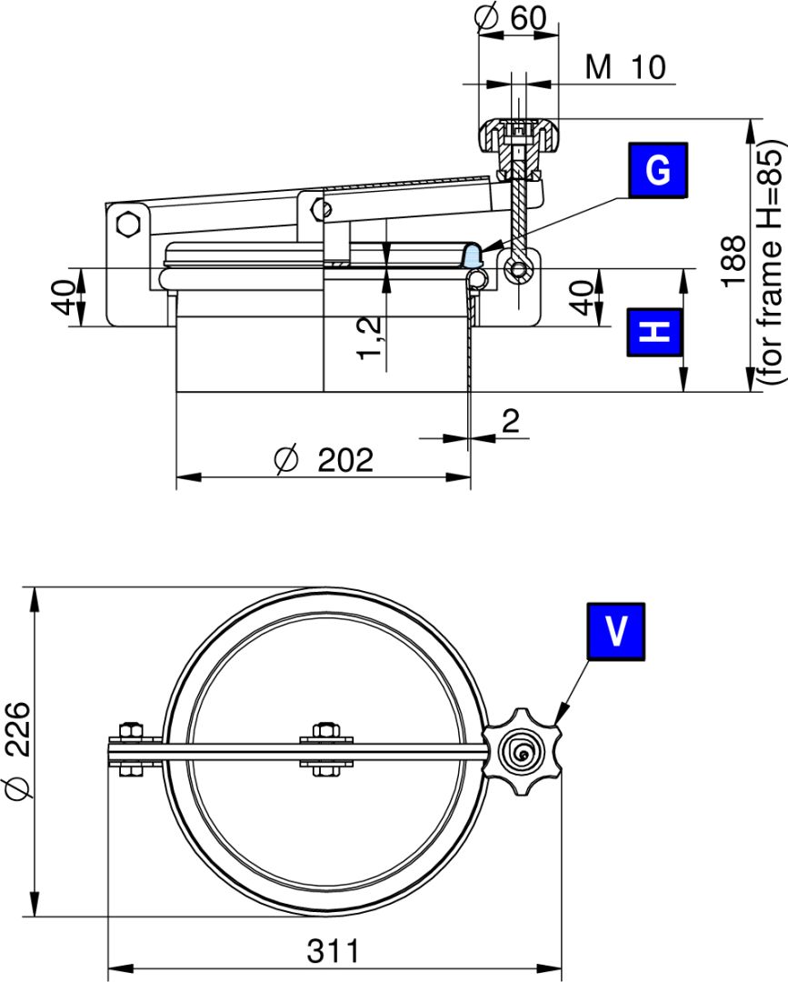 Búvónyílás felső kerek 202 mm kifelenyíló (230;231;232;230/B;231/B;232/B) – 1. műszaki rajz