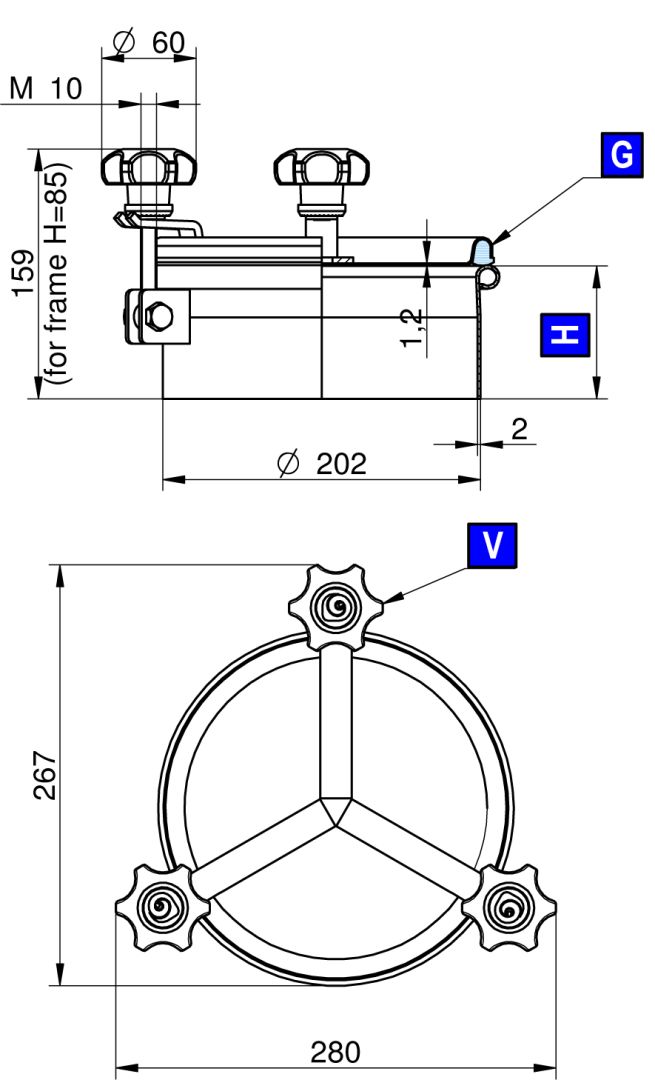 Búvónyílás felső kerek 202 mm kifelenyíló (235;236;237) – 1. műszaki rajz