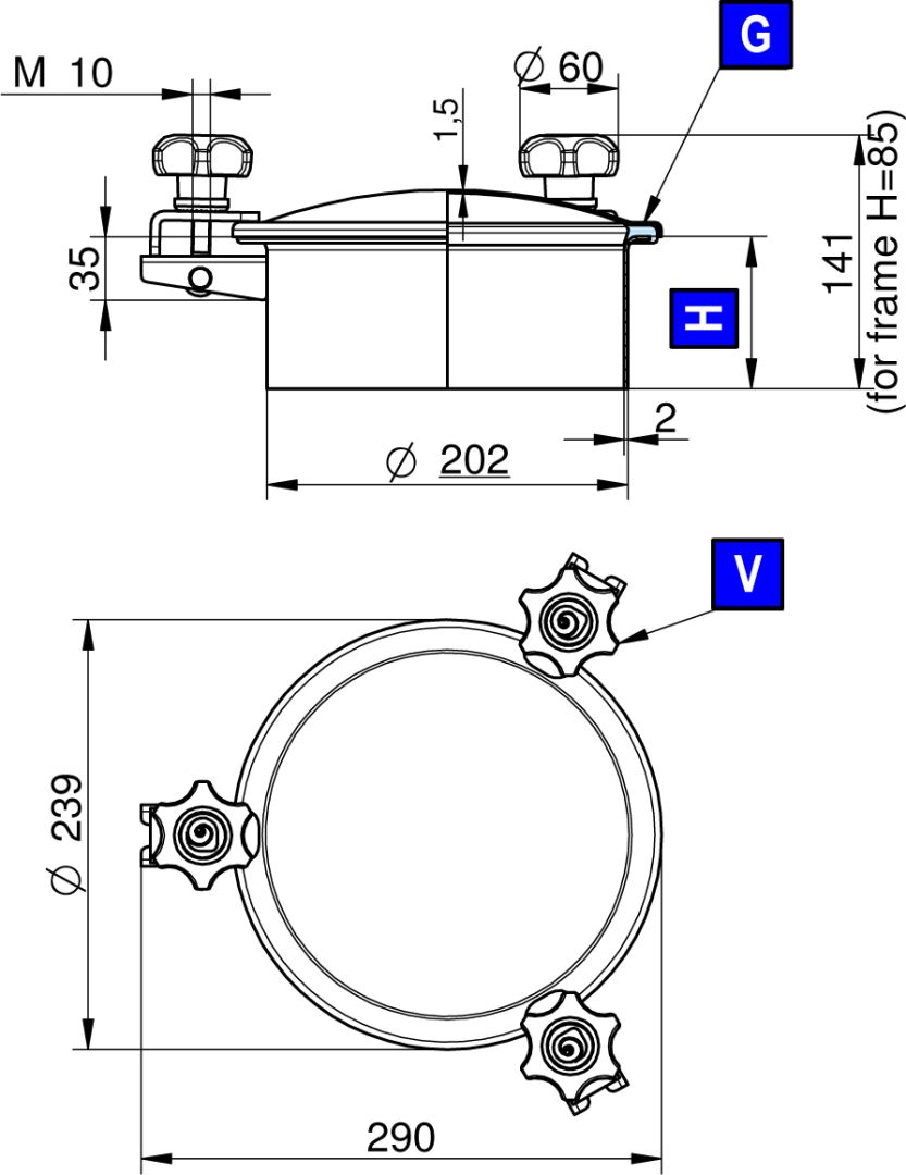 Búvónyílás felső kerek 202 mm kifelenyíló (3V/200;3V/201;3V/202) – 1. műszaki rajz