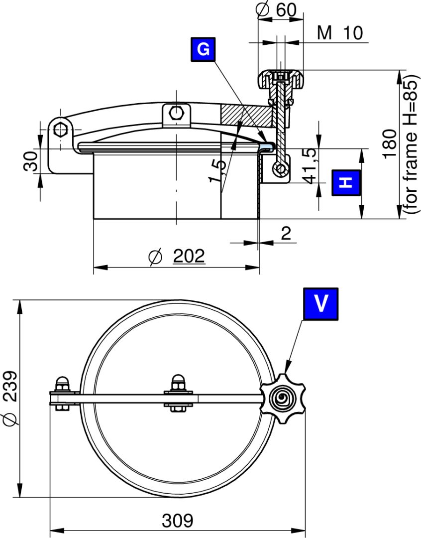 Búvónyílás felső kerek 202 mm kifelenyíló (N/230;N/231;N/232;N/230/B;N/231/B;N/232/B) – 1. műszaki rajz