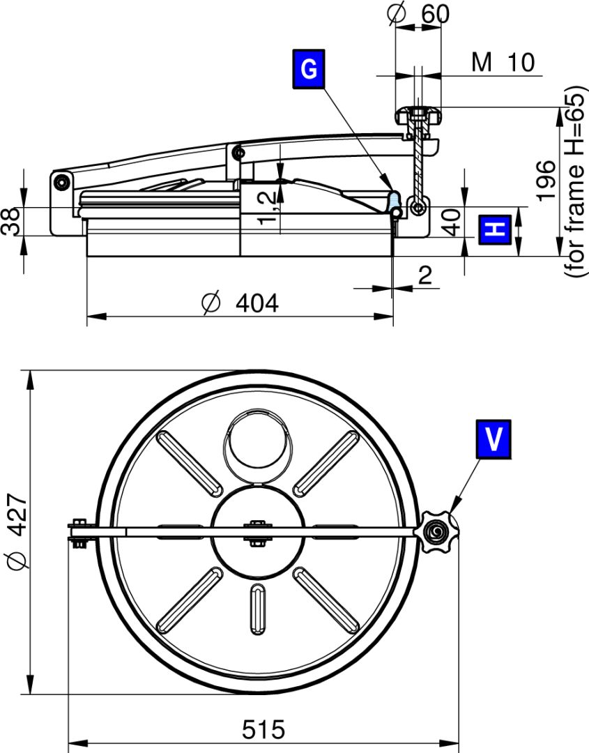 Búvónyílás felső kerek 404 mm kifelenyíló (250;251;252;253; 250/B;251/B;252/B;253/B) – 1. műszaki rajz