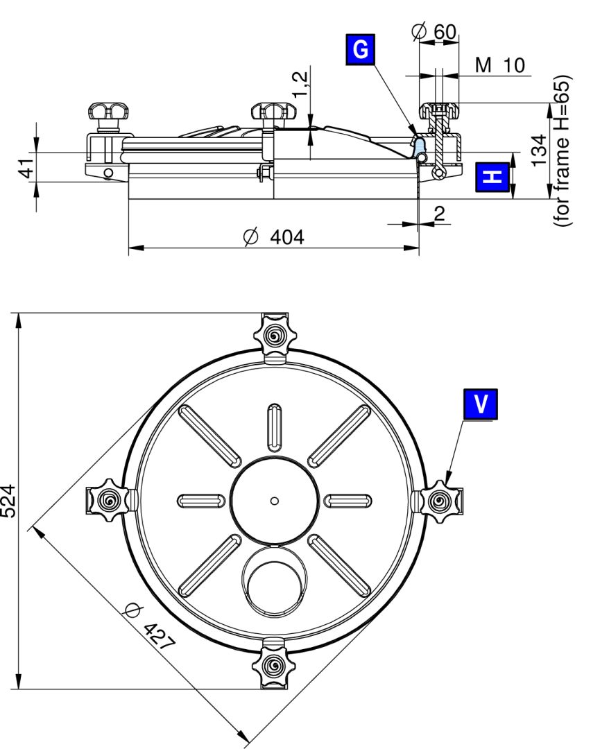 Búvónyílás felső kerek 404 mm kifelenyíló (255;256;257;258;255/B;256/B;257/B;258/B) – 1. műszaki rajz