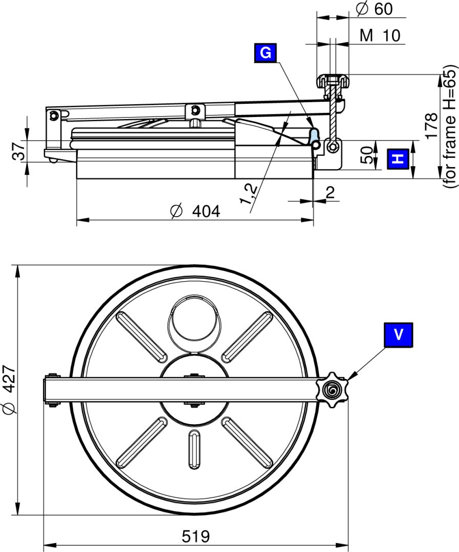 Búvónyílás felső kerek 404 mm kifelenyíló (N/250;N/251;N/252;N/253) – 1. műszaki rajz