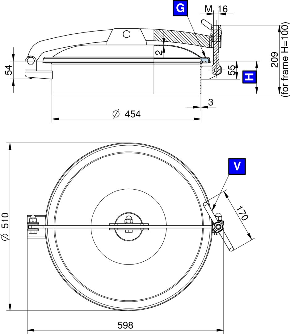 Búvónyílás felső kerek 454 mm kifelenyíló (T1/450;T1/451;T1/452; T1/450/B;T1/451/B;T1/452/B) – 1. műszaki rajz