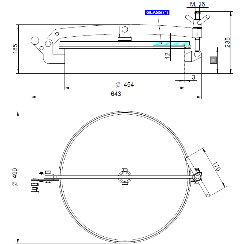 Búvónyílás felső kerek 454 mm kifelenyíló (T1/G450;T1/G451;T1/G452; T1/G450/B;T1/G451/B;T1/G452/B) – 1. műszaki rajz