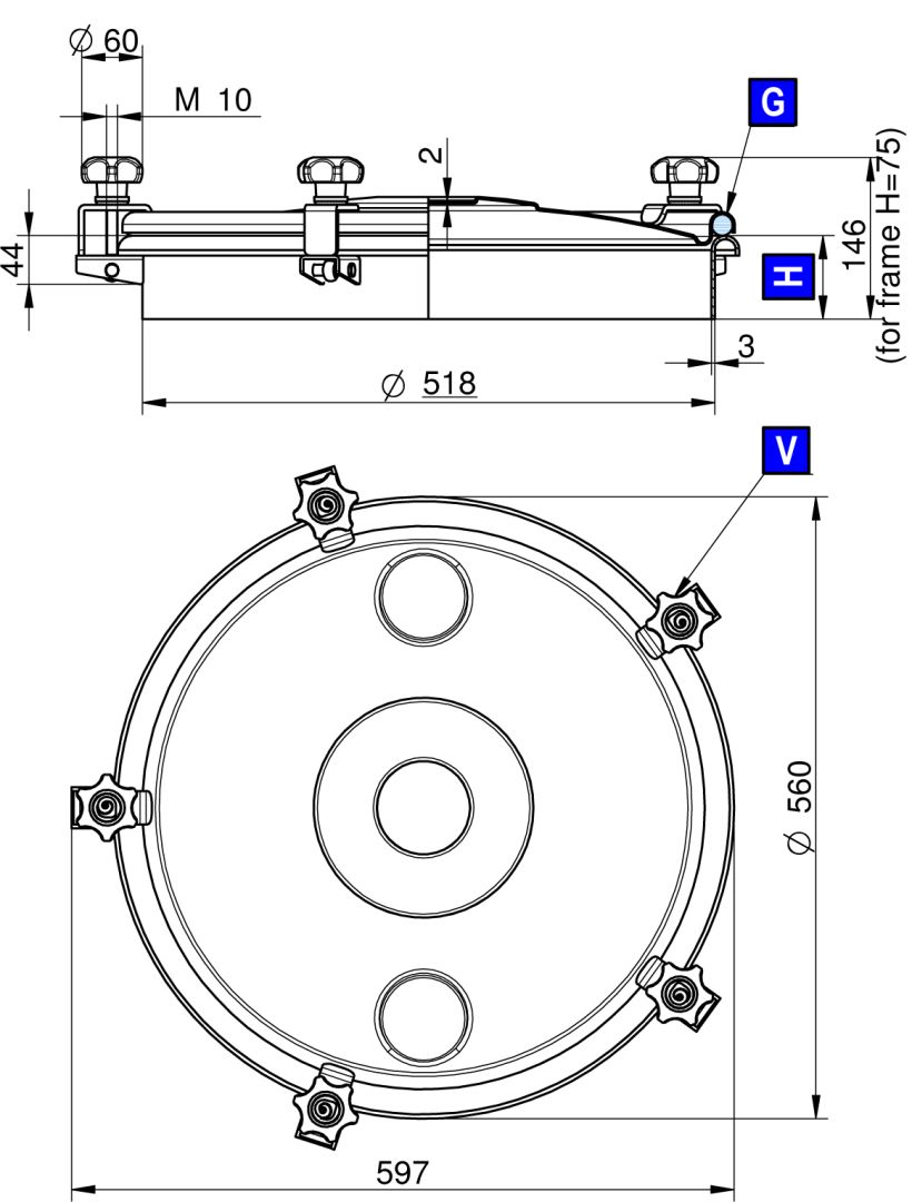 Búvónyílás felső kerek 520 mm kifelenyíló (276) – 1. műszaki rajz