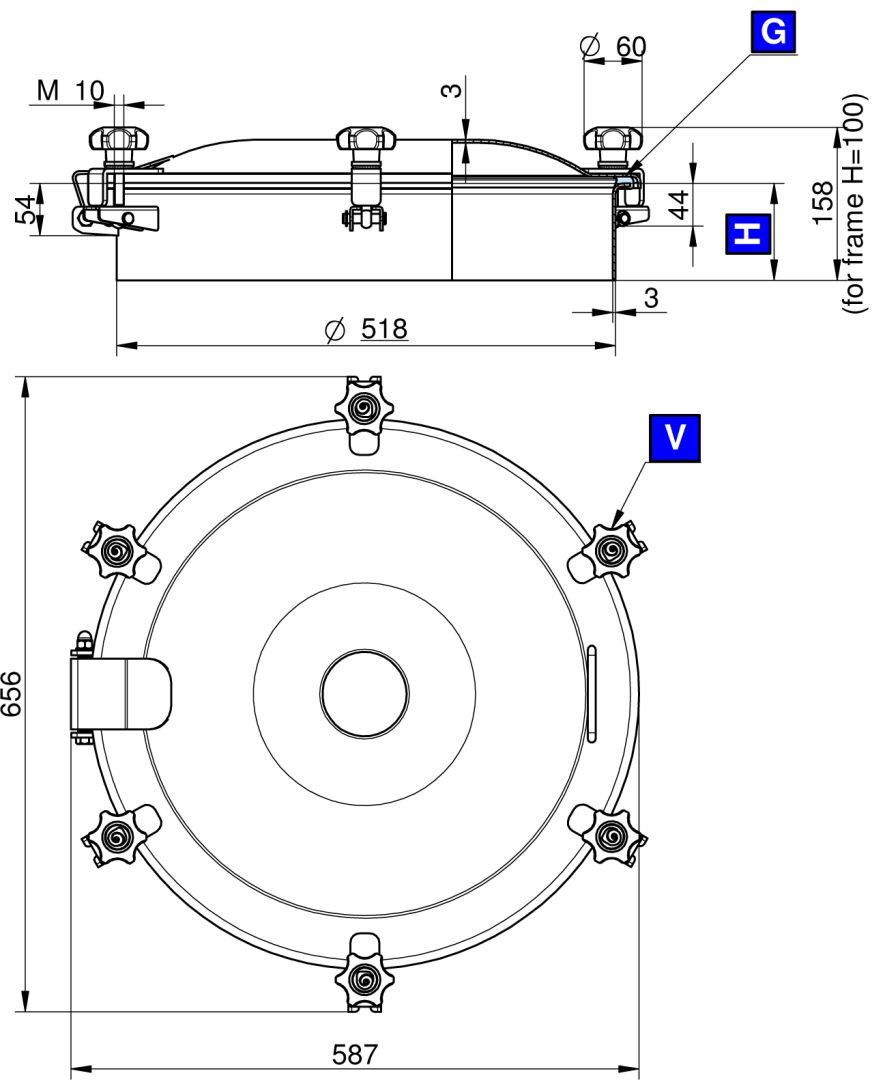 Búvónyílás felső kerek 520 mm kifelenyíló (6V/500;6V/501;6V/502; 6V/500/B;6V/501/B;6V/502/B) – 1. műszaki rajz