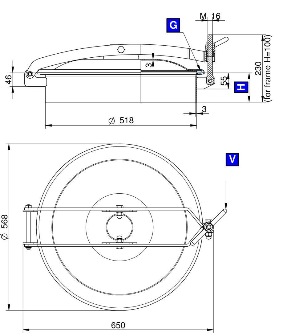 Búvónyílás felső kerek 520 mm kifelenyíló (T/500;T/501;T/502; T/500/B;T/501/B;T/502/B) – 1. műszaki rajz