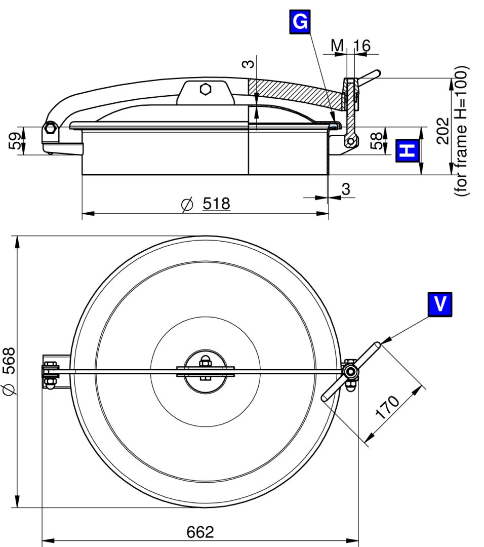 Búvónyílás felső kerek 520 mm kifelenyíló (T1/500;T1/501;T1/502; T1/500/B;T1/501/B;T1/502/B) – 1. műszaki rajz