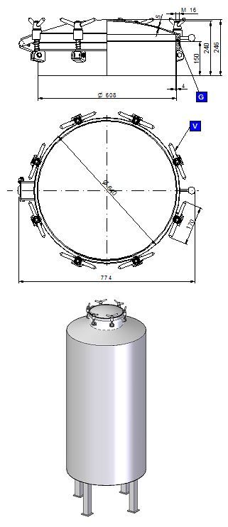 Búvónyílás felső kerek 608 mm kifelenyíló (600P) – 1. műszaki rajz