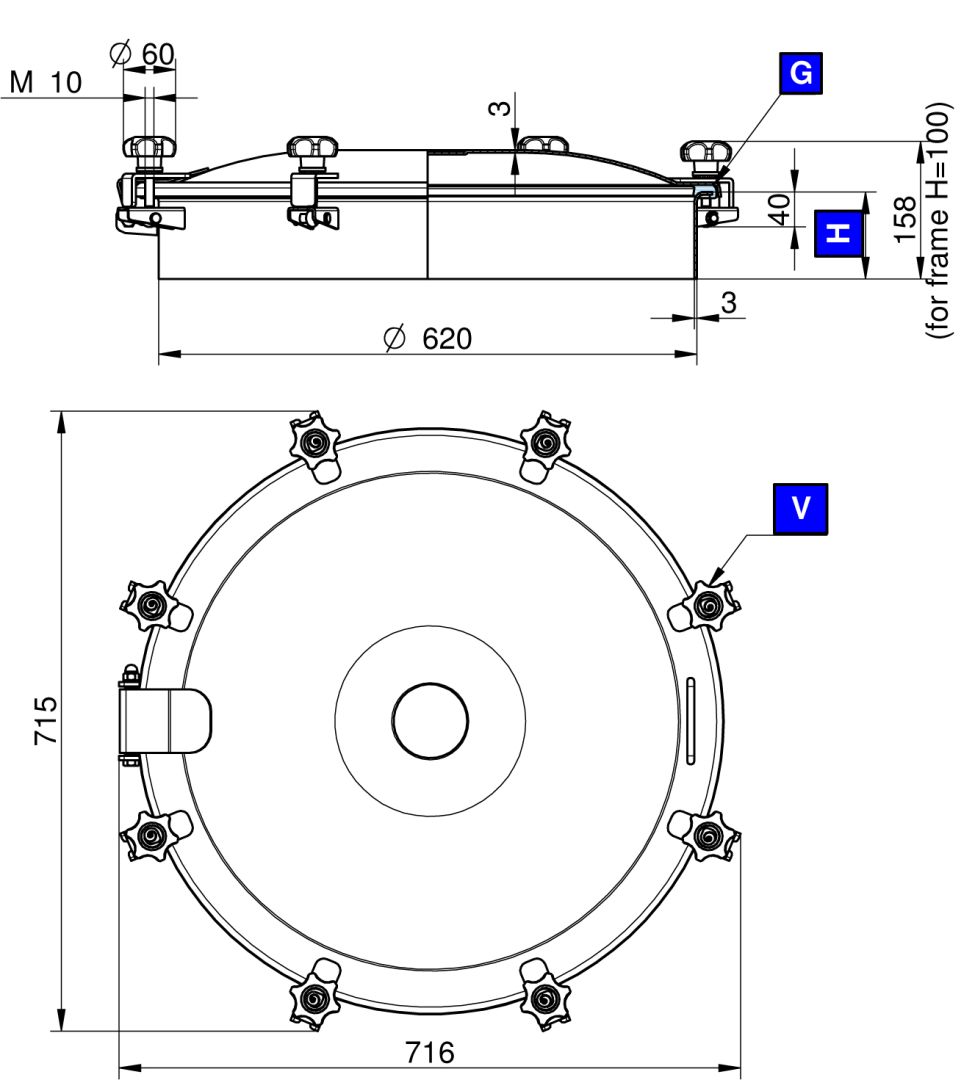 Búvónyílás felső kerek 620 mm kifelenyíló (8V/600;8V/601;8V/602; 8V/600/B;8V/601/B;8V/602/B) – 1. műszaki rajz