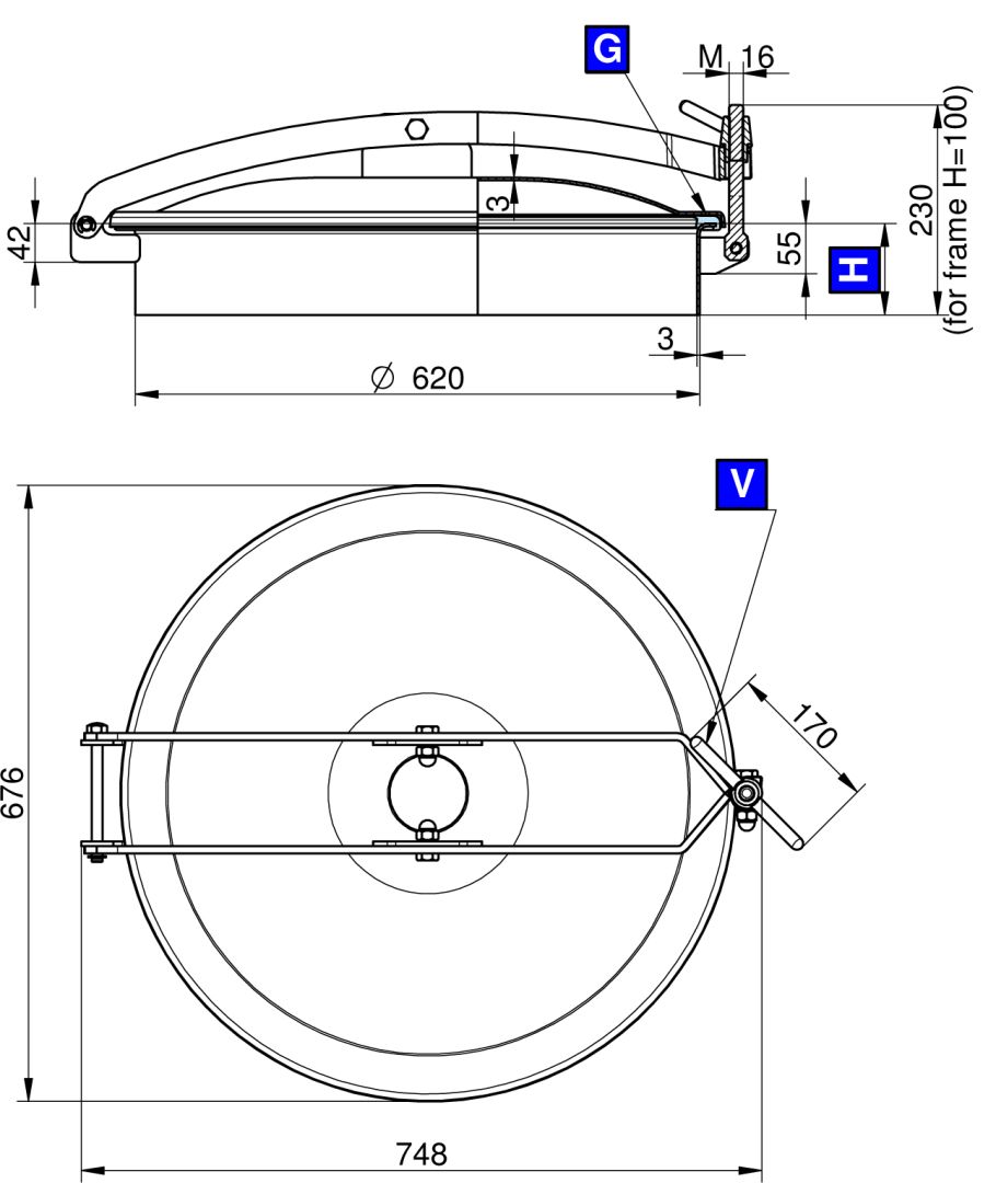 Búvónyílás felső kerek 620 mm kifelenyíló (T/600;T/601;T/602; T/600/B;T/601/B;T/602/B) – 1. műszaki rajz